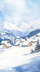 Alpine village, snowcapped mountains, cozy chalets, winter wonderland, Watercolor style