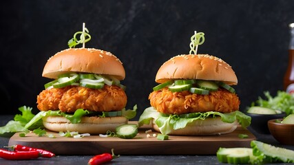 A spicy twist on the classic, this crispy chicken burger is topped with crunchy lettuce, pickles, and a spicy sauce, creating a perfect balance of heat and freshness.