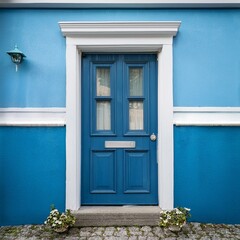 Fototapeta premium blue door with a white trim sits in front of a blue building