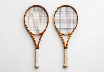 Tennis rackets, two rackets on a white background, top view, close-up, studio shot, soft light, high resolution photography in the style 