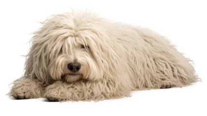 Komondor dog lying down, its unique coat spread out like a shaggy carpet, isolated on a transparent background