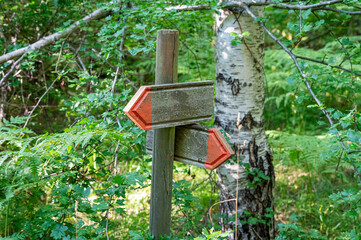 post with orange arrows pointing out a trail