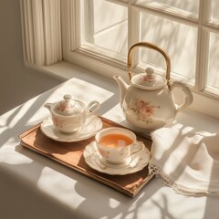 Fototapeta premium A delicate porcelain tea set on a polished wooden tray, soft lighting, minimalist elegance, subtle opulence, Quiet Luxury