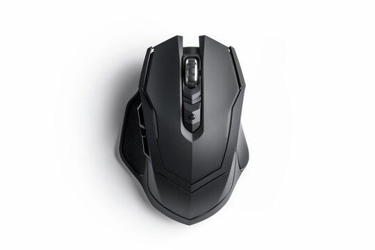 Top view of black wireless gaming mouse on white background