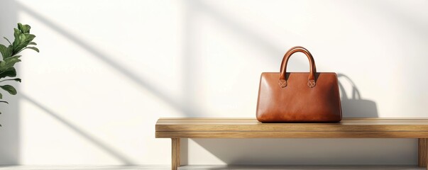 A luxury leather handbag on a simple wooden bench, minimalist background, soft shadows, Quiet Luxury, photorealistic, high-end fashion