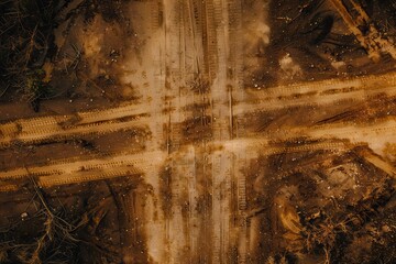 Top view of car tracks on brown road background