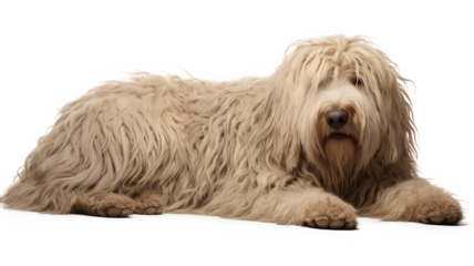 Komondor dog lying down, its unique coat spread out like a shaggy carpet, isolated on a transparent background