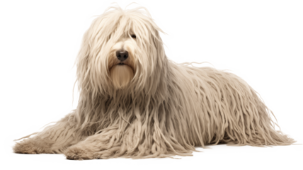 Komondor dog lying down, its unique coat spread out like a shaggy carpet, isolated on a transparent background