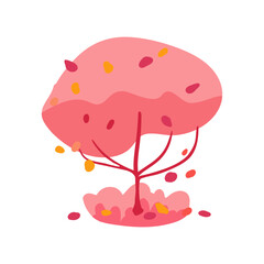 Hand drawn pink tree with coral and red leaves and grass. Simple design. Flat vector illustration. Icon plant
