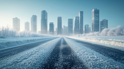 Obraz premium A wide, snow-covered road leads towards a city skyline in winter, showcasing the beauty of the urban landscape in a frosty setting.