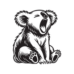 Fototapeta premium Cute Koala Clipart, A Koala Yawning Illustration in black and white 