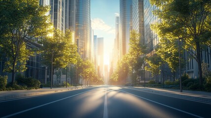 A wide, tree-lined urban street with tall skyscrapers on either side, showcasing a modern cityscape where nature meets architecture.