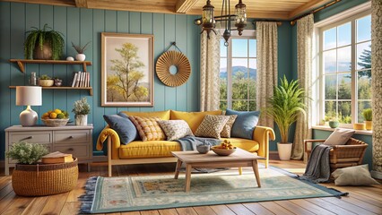 Fototapeta premium Whimsical cottage charm embodies delicate textures, soft hues, and globally-inspired patterns, infused with warmth and sophistication amidst a tranquil, rustic backdrop.