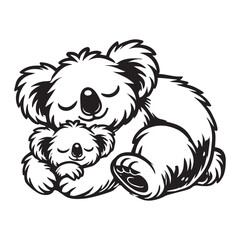 Obraz premium Cute Koala Clipart, A Mother and Baby Koala Sleeping Illustration in black and white 