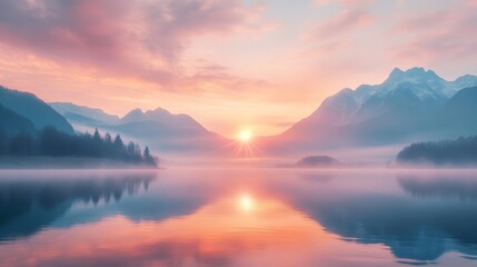 Fototapeta premium A serene landscape at sunrise, featuring mountains and a reflective lake surrounded by mist, creating a tranquil and picturesque scene