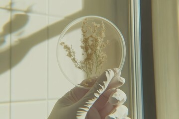 A gloved hand holding a petri dish with dried plant matter symbolizing the study of botany and the preservation of biological specimens in scientific research