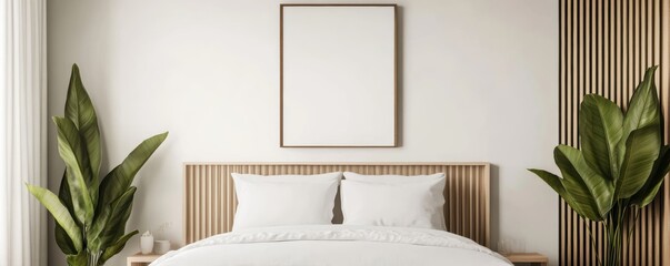 Minimalist bedroom with a neutral color palette, a single piece of abstract art, soft natural light, Quiet Luxury, photorealistic, calming atmosphere