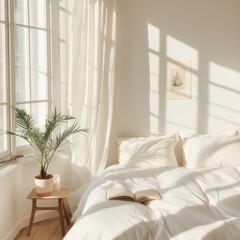 Fototapeta premium Bright bedroom with sunlight filtering through sheer curtains with a potted plant on a wooden side table creating a fresh inviting atmosphere