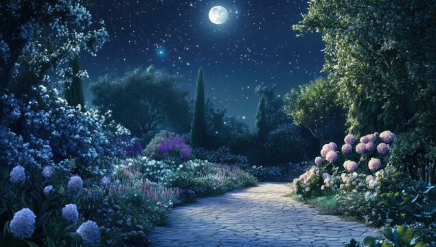 Moonlit garden path with blooming flowers.