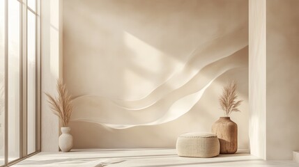 A serene interior featuring soft, flowing wall textures, minimalistic decor, and natural elements that evoke tranquility and elegance