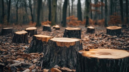 Fototapeta premium Forest with Cut Down Tree Stump, Surrounded by Barren Terrain
