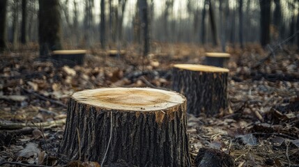 Fototapeta premium Forest with Cut Down Tree Stump, Surrounded by Barren Terrain