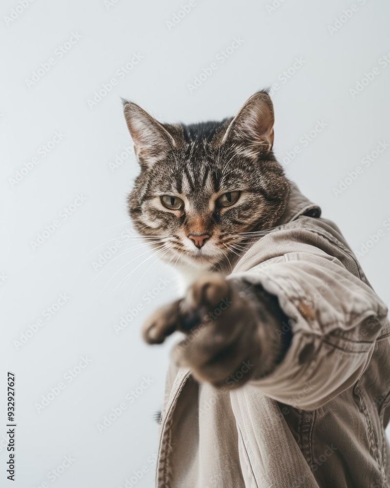 Poster a cat wearing a jacket points at the camera with a serious expression. ai.