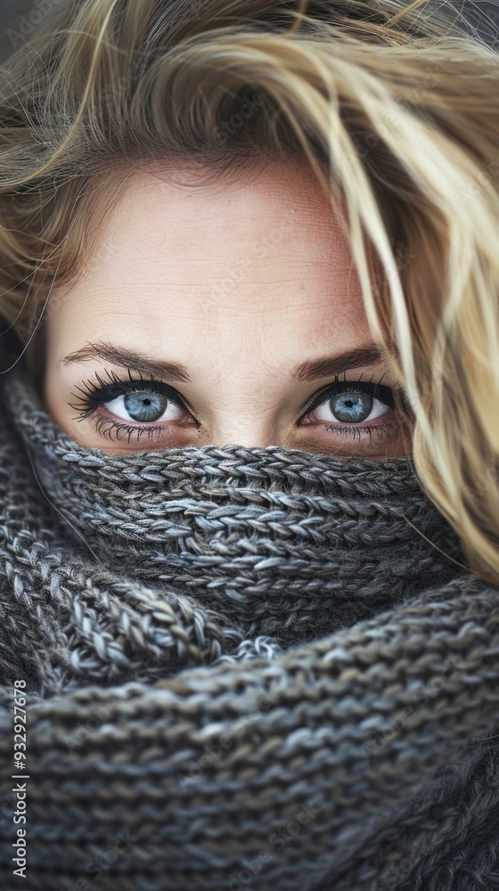 Canvas Prints a woman with blue eyes peeks out from under a cozy knit scarf. ai.