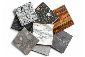 Top view of interior material samples concrete tile marble stone terrazzo and wood on white background