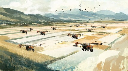 Obraz premium An illustration of a fleet of drones working together to monitor and manage a large agricultural operation. The drones are performing various tasks, such as crop spraying, soil analysis, and plant