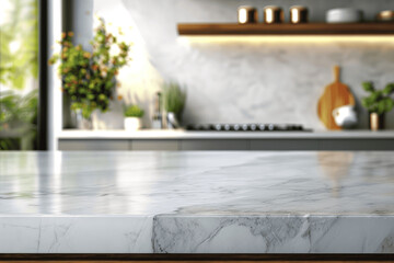 Modern Kitchen Countertop With Marble Surface And Blurred Background Of Utensils And Plants