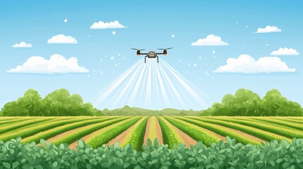 An illustration of a drone performing automated crop spraying over a large field. The drone hovers just above the crops, releasing a fine mist of fertilizer or pesticide. The field is divided into