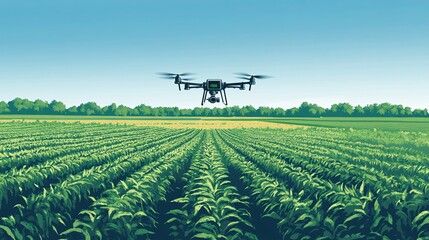 An illustration of a drone equipped with a camera and sensors, flying over a large field of crops. The drone captures detailed images and data on plant health, displayed on a digital screen in the