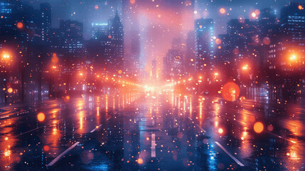 Obraz premium Vibrant Night Cityscape With Rain-Soaked Street And Illuminated Buildings