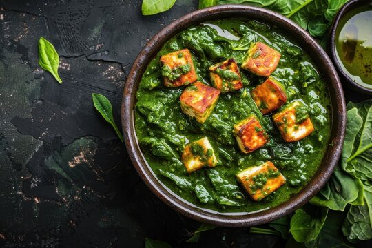 Top view of Palak paneer or Spinach and Cottage cheese curry on dark background representing Traditional Indian cuisine with copy space