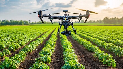 Obraz premium An illustration of a drone using precision agriculture technology to monitor crop growth in a large field. The drone hovers above the crops, capturing detailed images and data on plant health. The