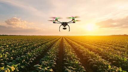 Naklejka premium An illustration of a drone using infrared technology to monitor crop health in a large field. The drone hovers above the crops, capturing data on plant health and stress levels, displayed as colorful