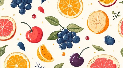 A vibrant pattern featuring various fruits like oranges, grapes, cherries, and more, set against a light background, showcasing colorful and playful designs.