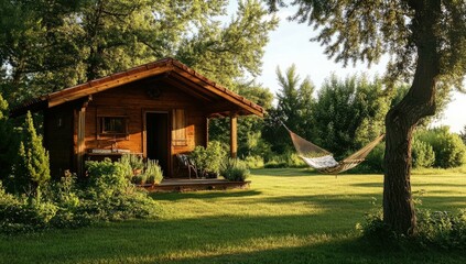 Wooden cabin, hammock, green trees, grassy yard.