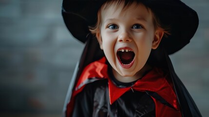A cheerful child in a witch costume with a hat and cape joyfully expresses excitement for Halloween, showcasing a playful spirit