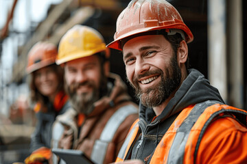 Construction Workers Smiling On Site Wearing Safety Helmets And Reflective Vests