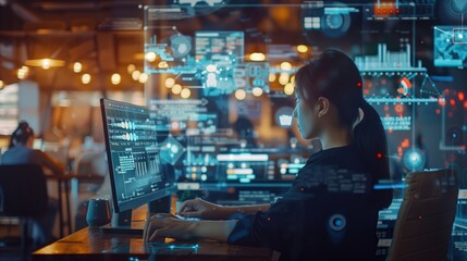 business people using website or AI software technology analyze data and big data technology. business analysis and display images of complex data sets on a computer on the screen