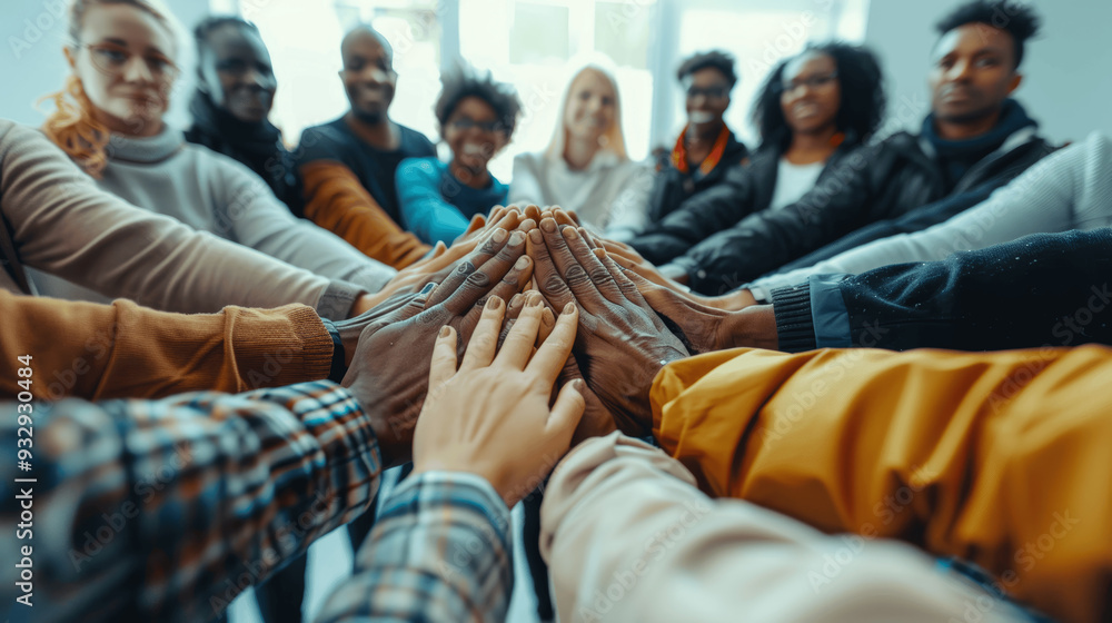 Poster diverse group of people in circle showing unity and teamwork with hands joined together