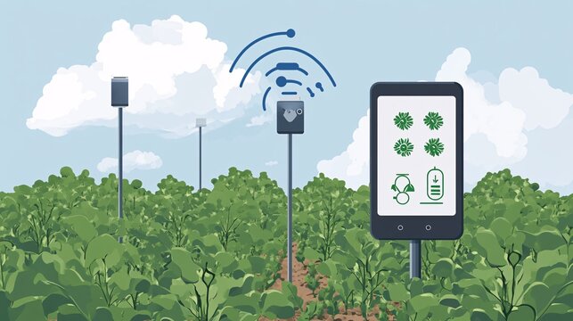 An illustration of an IoT-powered weather station on a large farm, monitoring temperature, humidity, and wind speed. The data is sent to a central hub that provides real-time updates to farmers,