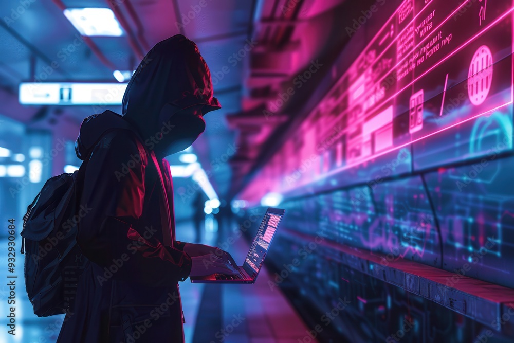 Poster A person in a hooded jacket types on a laptop in a dimly lit metro station, emphasizing the vulnerabilities of using public Wi-Fi connections. Generative AI