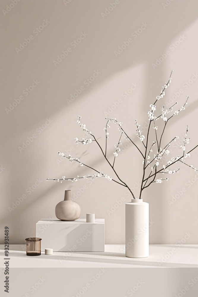 Poster a sophisticated 3d product display area with a neutral color scheme and gentle lighting effects offe