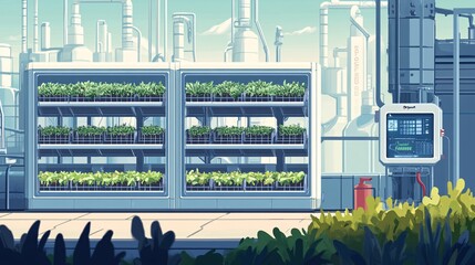 An illustration of a vertical farm with a focus on automation. The setup includes multiple levels of planting trays with an automated irrigation and nutrient delivery system. The background shows a