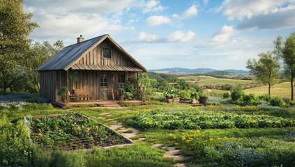Fototapeta premium A wooden cabin with a porch in a flower field.