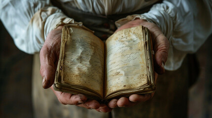 Detailed view of a storytellerâs hands gesturing expressively while holding a book