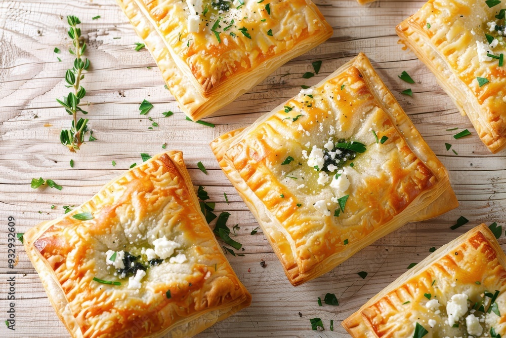 Canvas Prints top view of white wooden table with puff pastry squares filled with feta cheese and spinach